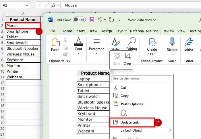 Linking an Excel List into Word Using Paste Special