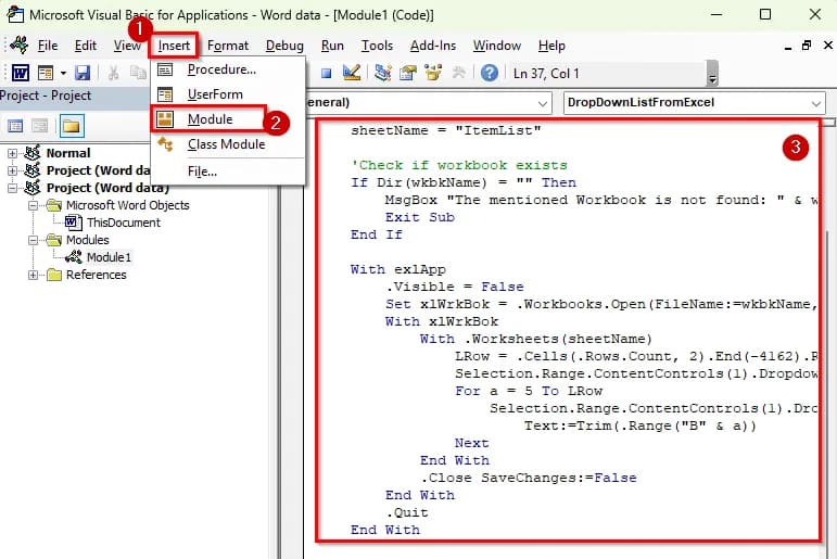 Importing an Excel List into a Word Drop-Down Using VBA