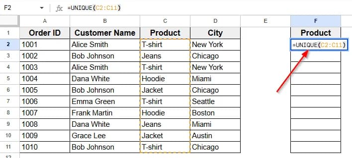 Using the UNIQUE Function to Filter Product Values