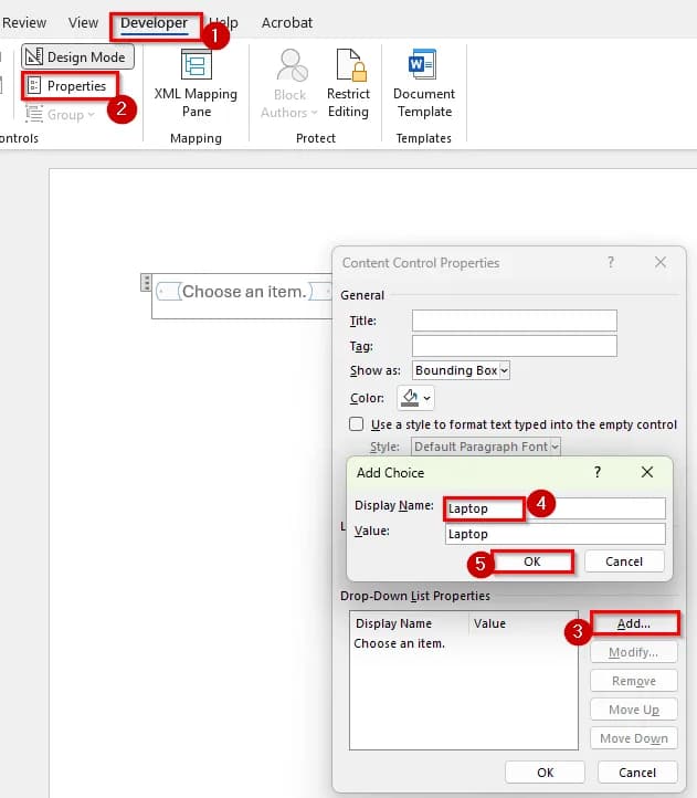 Using the Developer Tab to Create a Manual Drop-Down List in Word
