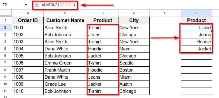 Using the UNIQUE Function to Filter Product Values