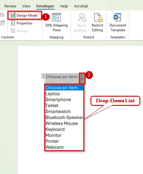 Using the Developer Tab to Create a Manual Drop-Down List in Word
