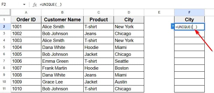 Applying Filter to Show Unique City Names