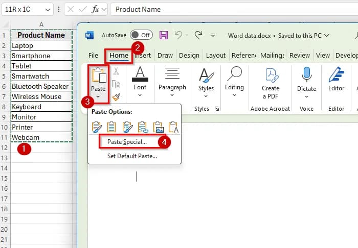 Linking an Excel List into Word Using Paste Special