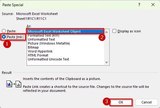 Linking an Excel List into Word Using Paste Special