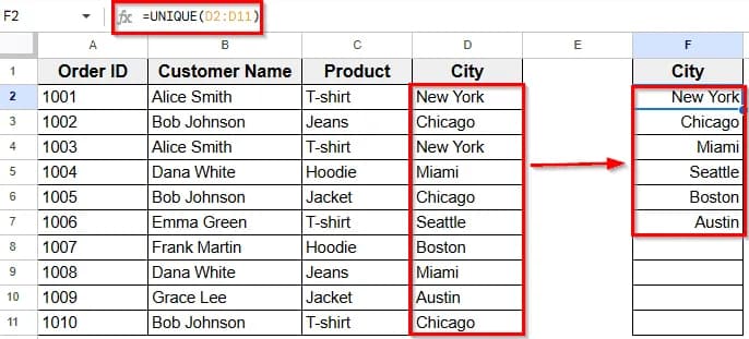 Applying Filter to Show Unique City Names