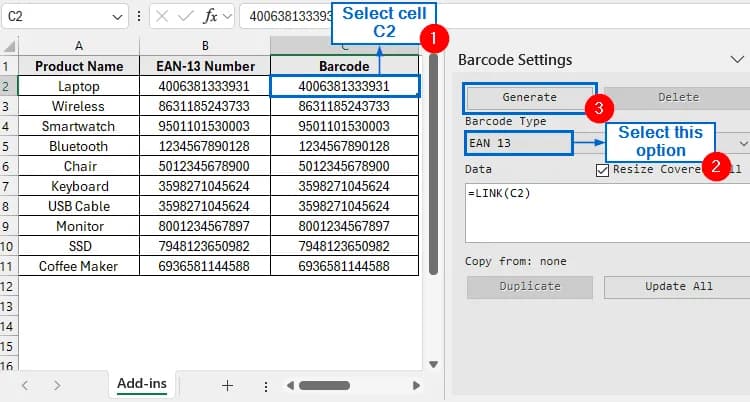 Use External Add-ins to Generate EAN-13 Barcode