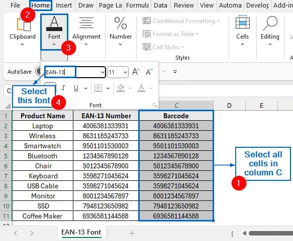 Install an External Font to Generate EAN-13 Barcode