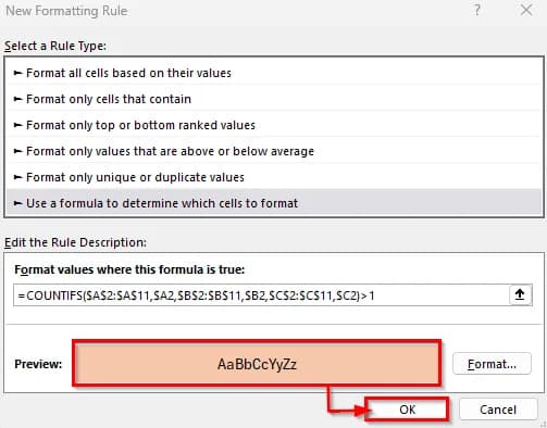 Highlight Duplicate Rows Using Conditional Formatting