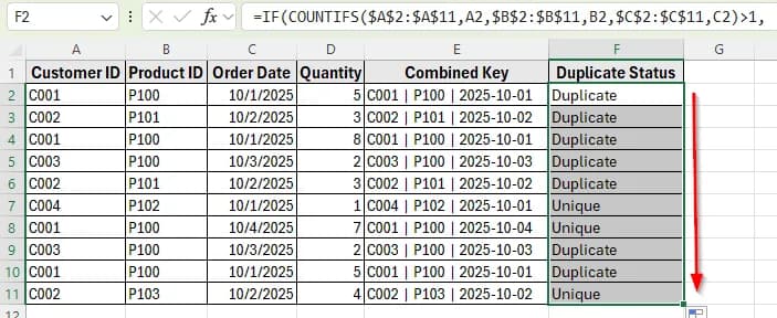 Using Helper Column and COUNTIFS to Find Duplicate Rows