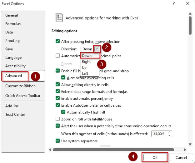 Setting Up Default Key Movement for Excel