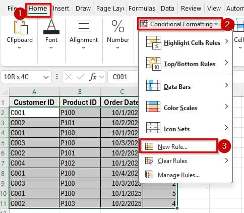 Highlight Duplicate Rows Using Conditional Formatting