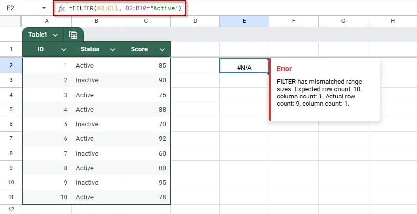 Fix Filter Range Mismatch Error in Google Sheets