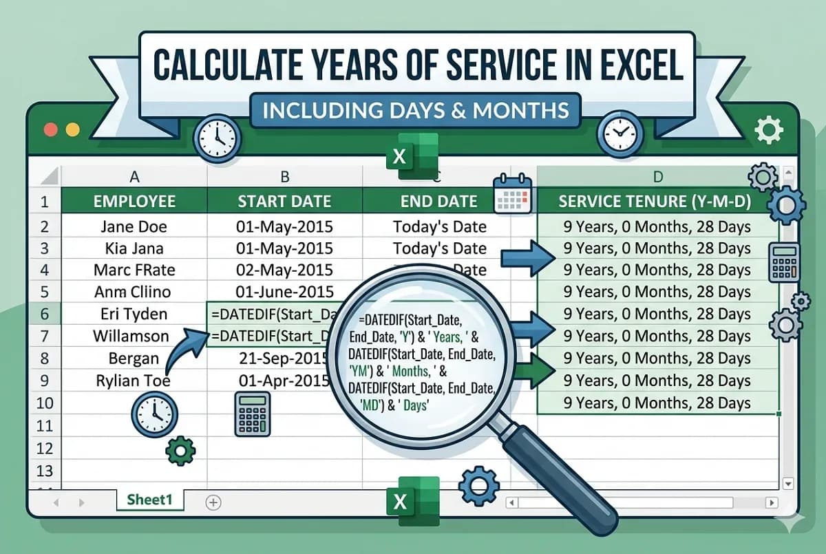 Calculate Years of Service In Excel (Including Days & Months)