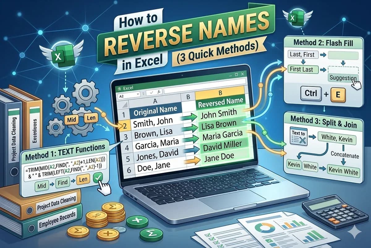 How to Reverse Names in Excel (3 Quick Methods)