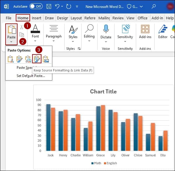 Using Paste Option to Copy a Chart from Excel to Word