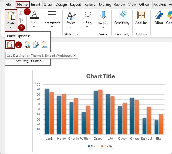 Using Paste Option to Copy a Chart from Excel to Word