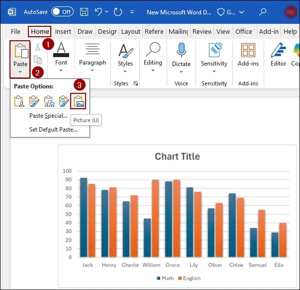 Using Paste Option to Copy a Chart from Excel to Word
