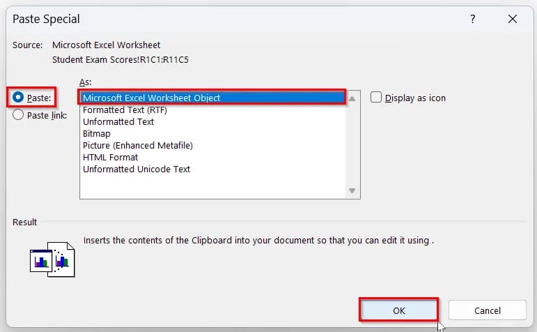 Embedding Excel within the MS Word File