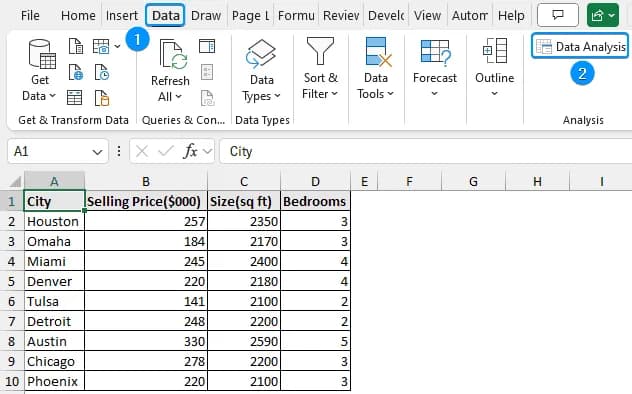 Data Analysis option in the Data tab