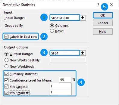 Entering all the summary statistics options