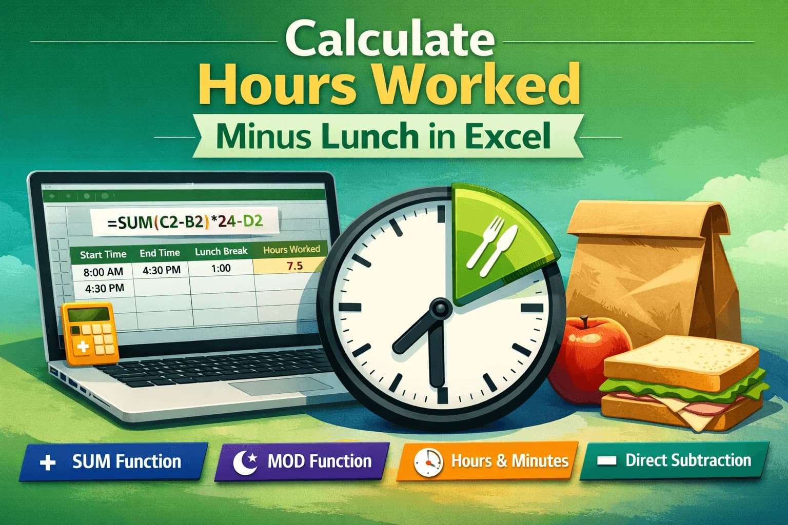 Excel Formula to Calculate Hours Worked Minus Lunch