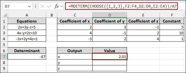 Applying Cramer’s Rule to Solve 3 Equations in Excel