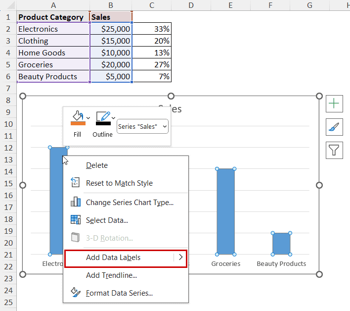 adding data labels in column chart