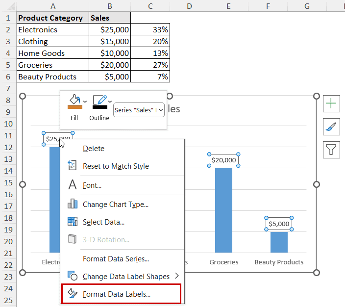 formatting data labels in column chart