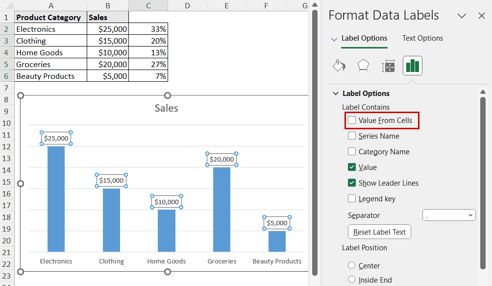 value from cells option in the pane