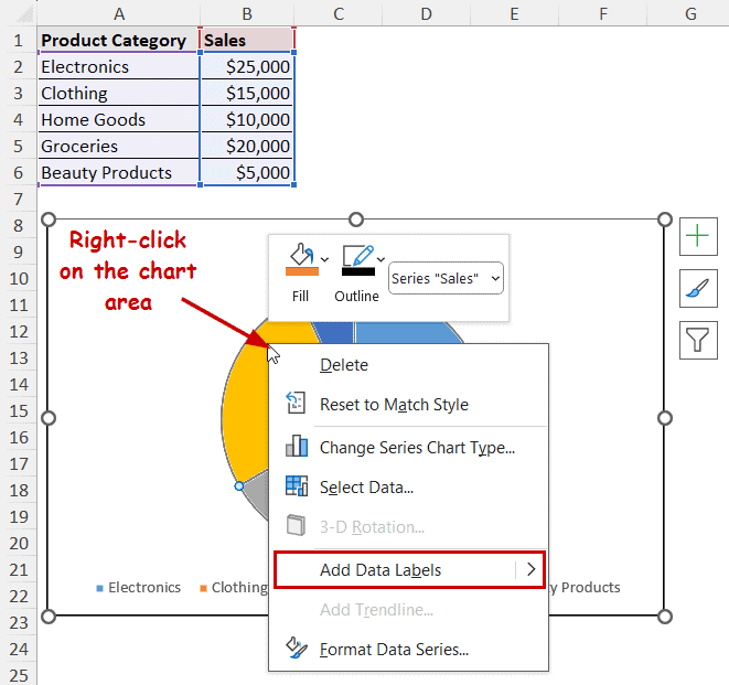 data labels option in context menu