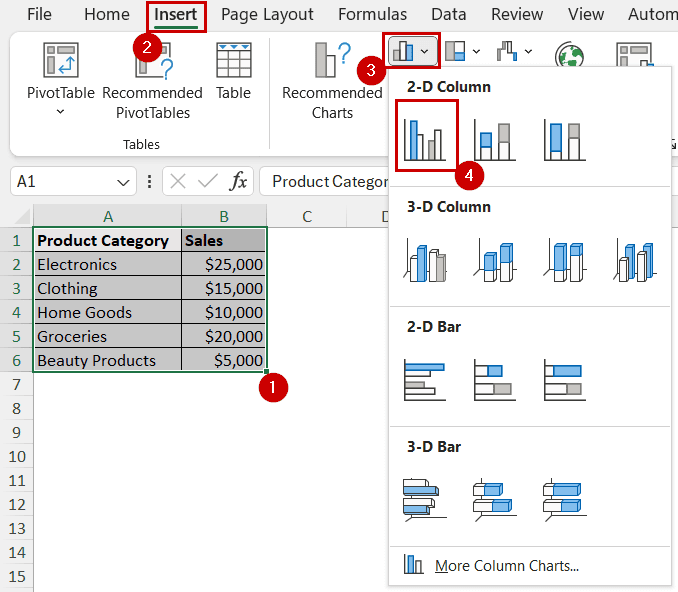 selecting 2d column chart