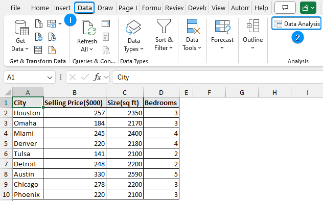 Data Analysis option in the Data tab