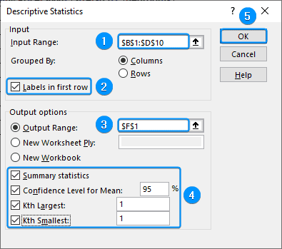 Entering all the summary statistics options