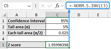 Using NORM.S.INV function to get Z score of 95% confidence interval