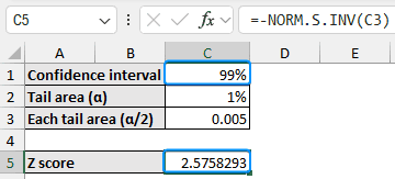 Z score of 99% confidence interval