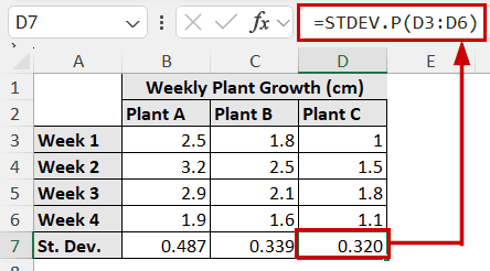 calculation standard deviation for each range