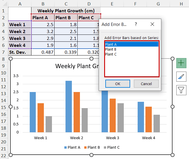 selecting error bars for a specific series