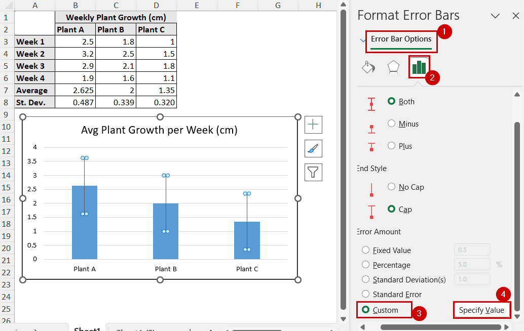 selecting custom value options for error bars