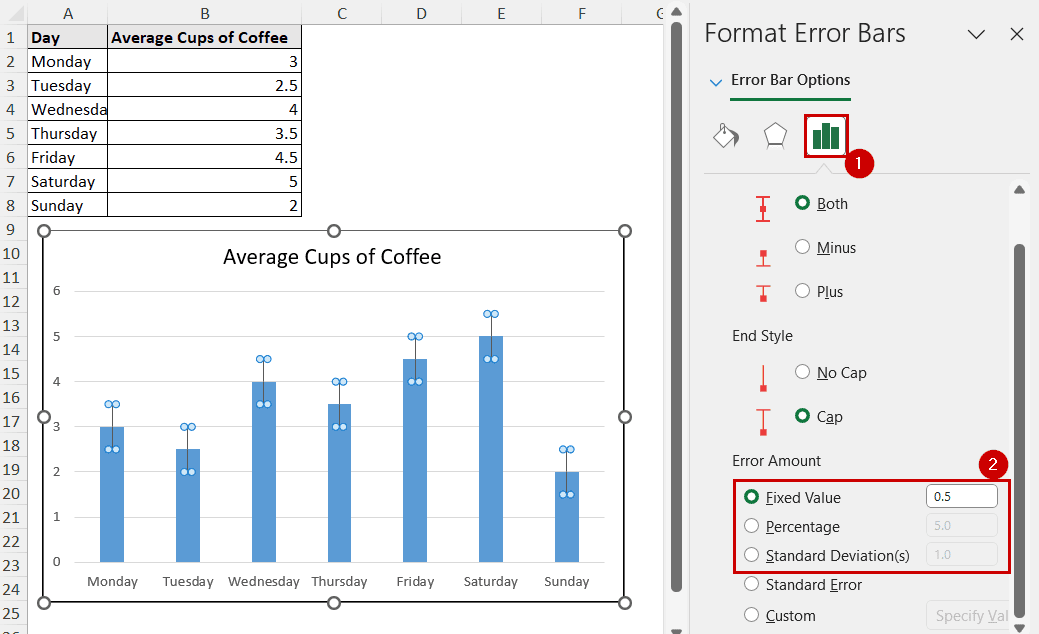 custom error bar options in the format error bar pane