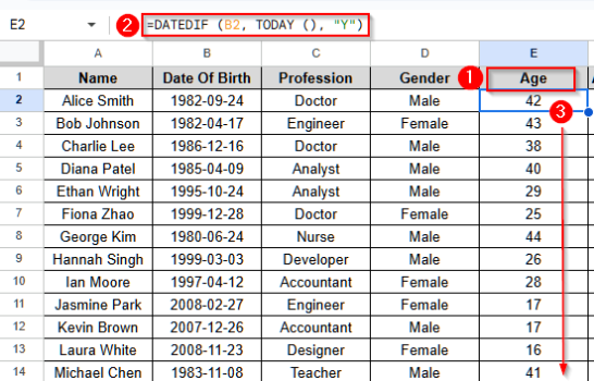 GOOGLE SHEETS CALCULATE AGE FROM DATE OF BIRTH visual data 4