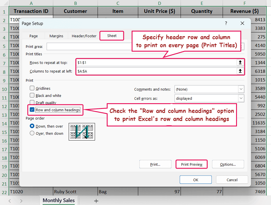 How to print Excel sheet with rows and columns 