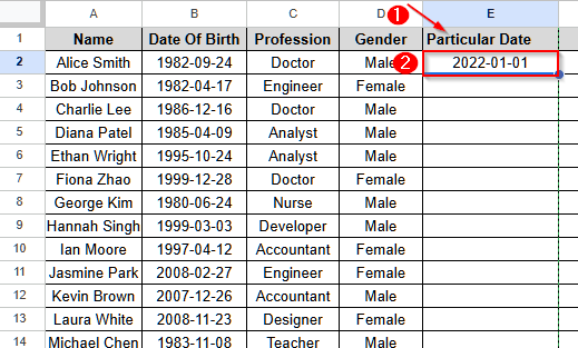 Calculate Age from Date of Birth Using DATEDIF Function in Google Sheets - 9