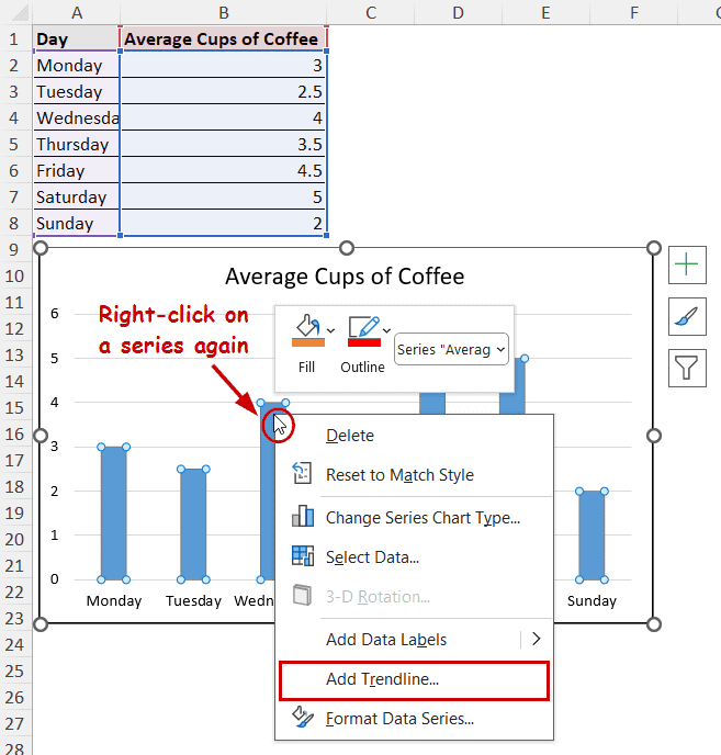selecting add trendline option from the context menu again