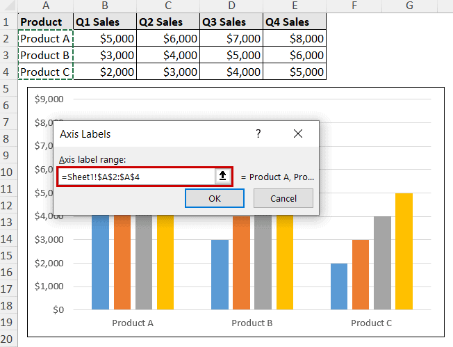 selecting axis label for a chart in excel