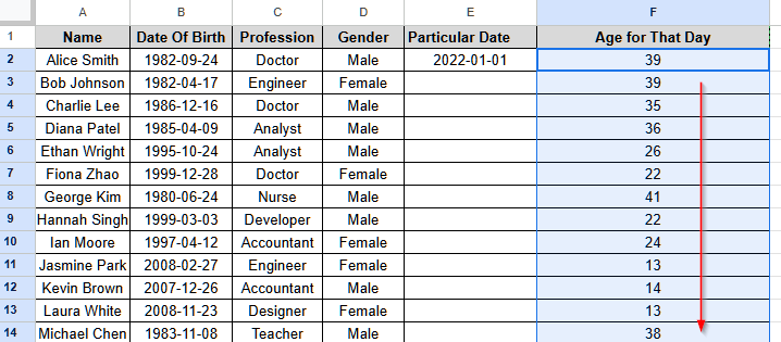 Calculate Age from Date of Birth Using DATEDIF Function in Google Sheets - 11
