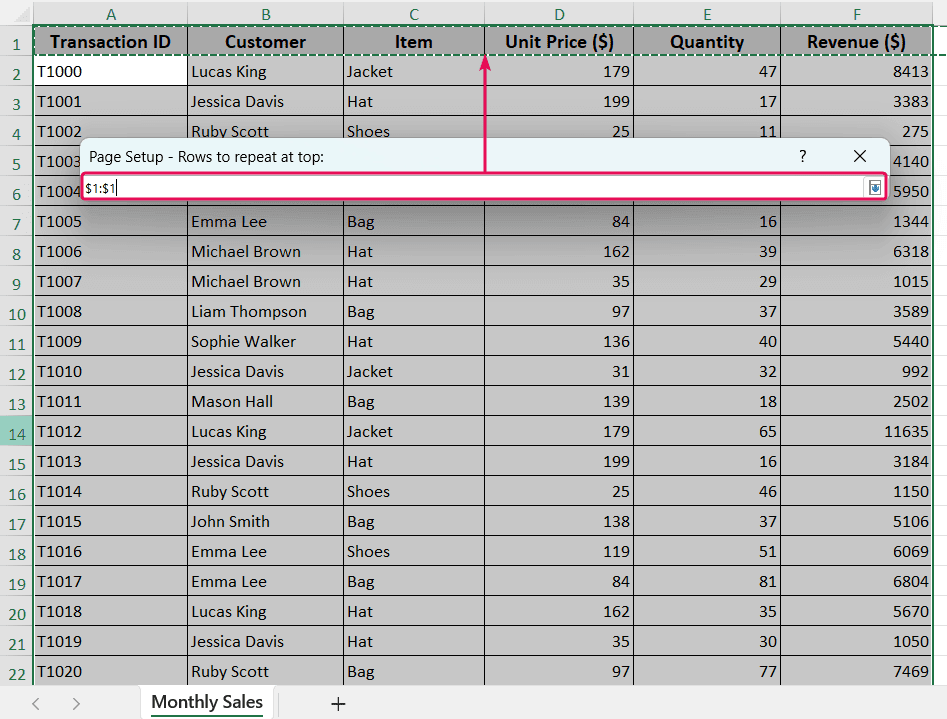 Specify the row header to print at top