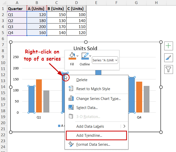 selecting add trendline from context menu for multiple series