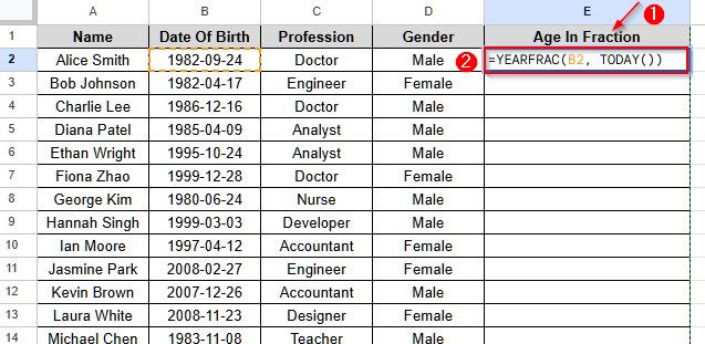 Calculate Age from Date of Birth Using the YEARFRAC Function in Google Sheets - 1
