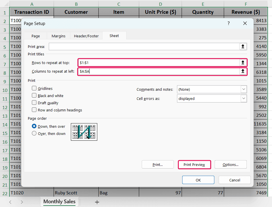 Specify row and column headers to print titles